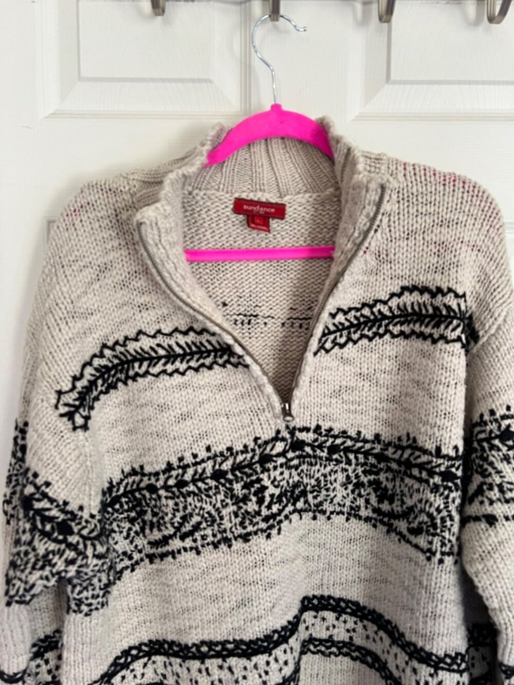 Sundance Knit Quarter Zip Pullover Wool Blend Sweater Cream Black Mens Large - Picture 3 of 7